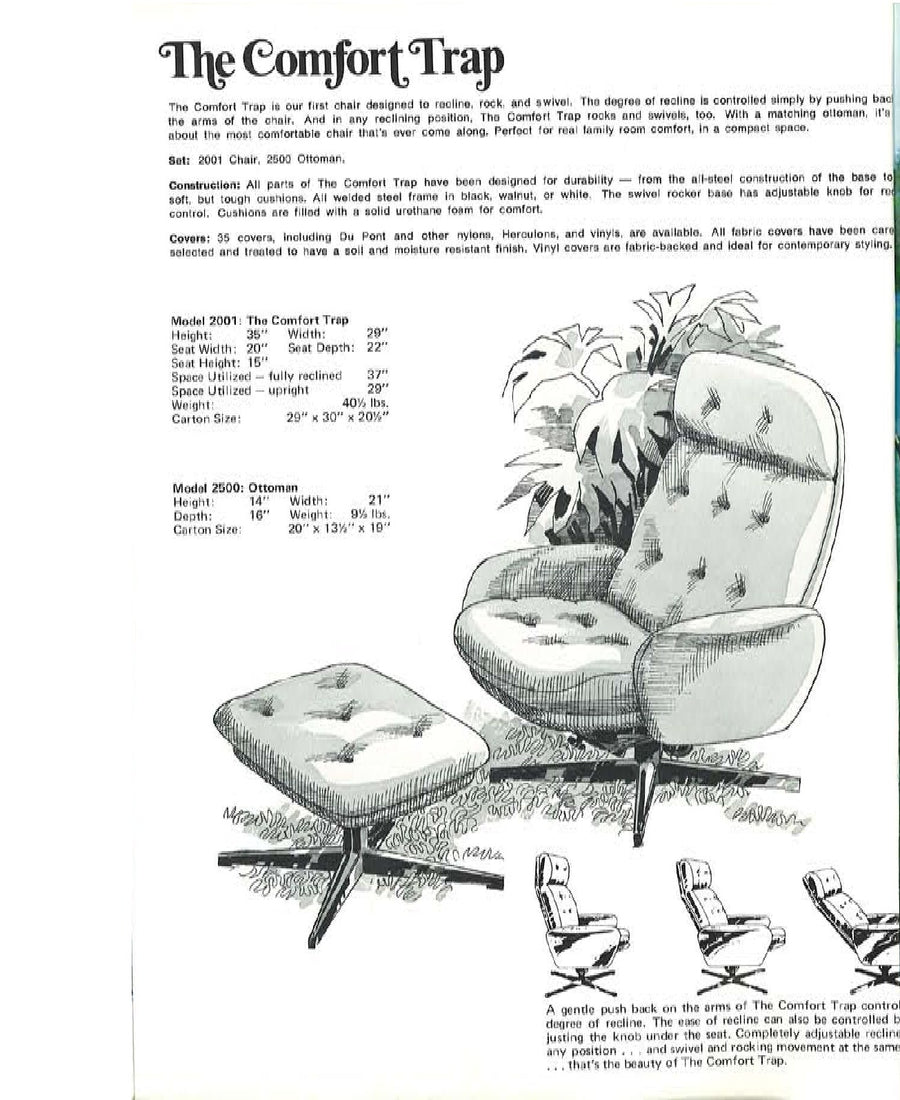 The Comfort Trap swivel rocker and ottoman, 1976