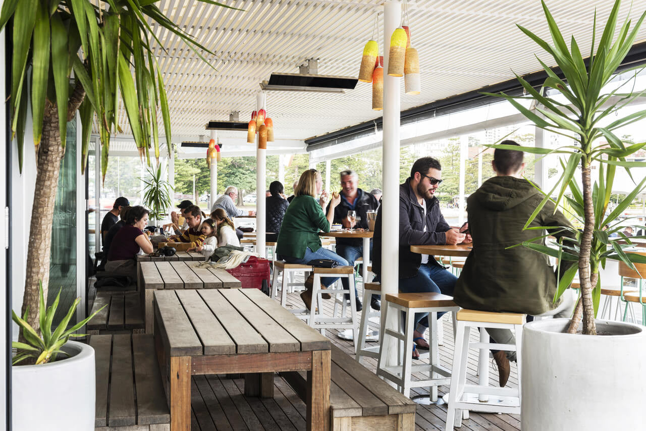 Bromic heaters mounted along the roof of a busy restaurant patio with diners at long tables
