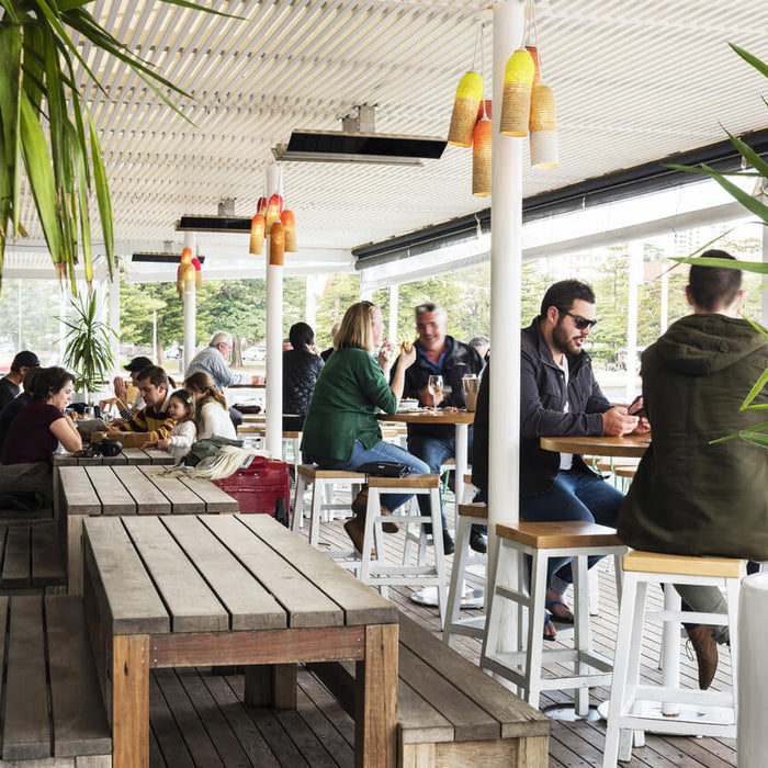Bromic heaters mounted along the roof of a busy restaurant patio with diners at long tables