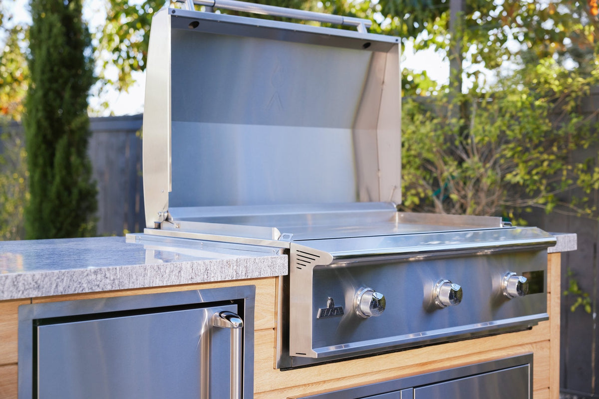 Blaze LTE PRO 40 inch built-in gas griddle in a wood outdoor kitchen island