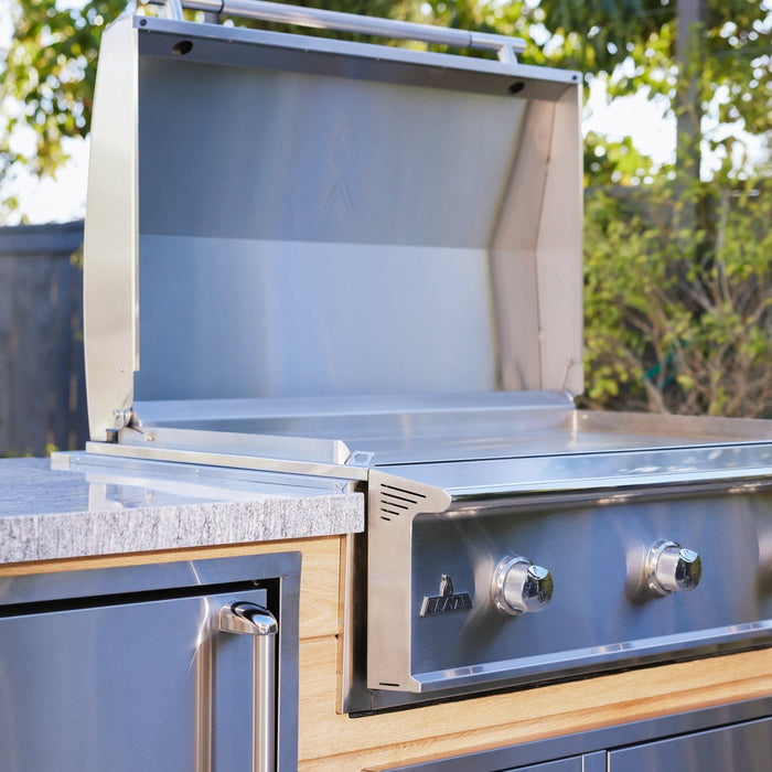 Blaze LTE PRO 40 inch built-in gas griddle in a wood outdoor kitchen island
