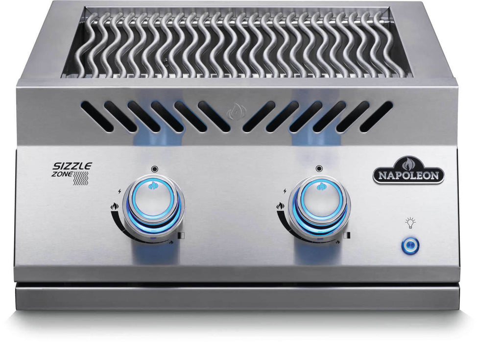 Dual infrared burner, front view with knobs lit