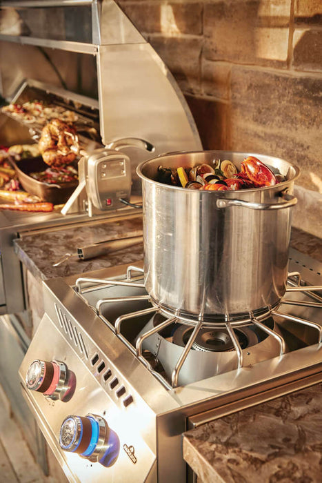 Large stock pot on the power burner in an outdoor kitchen