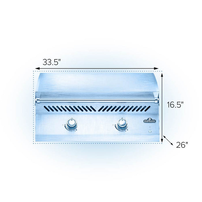 Built-In 700 Series 32 griddle dimensions: 33.5 in wide, 16.5 in high, 26 in deep