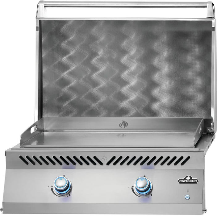 Napoleon Built-In 700 Series 32 inch griddle with the lid open, angled view
