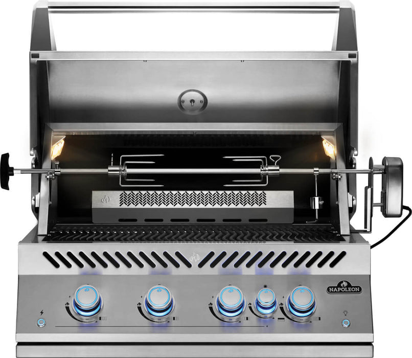 Built-In 700 Series 32 with the lid open and rotisserie in place