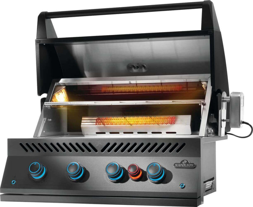 Matte black Built-In 700 Series 32 with lid open and rotisserie