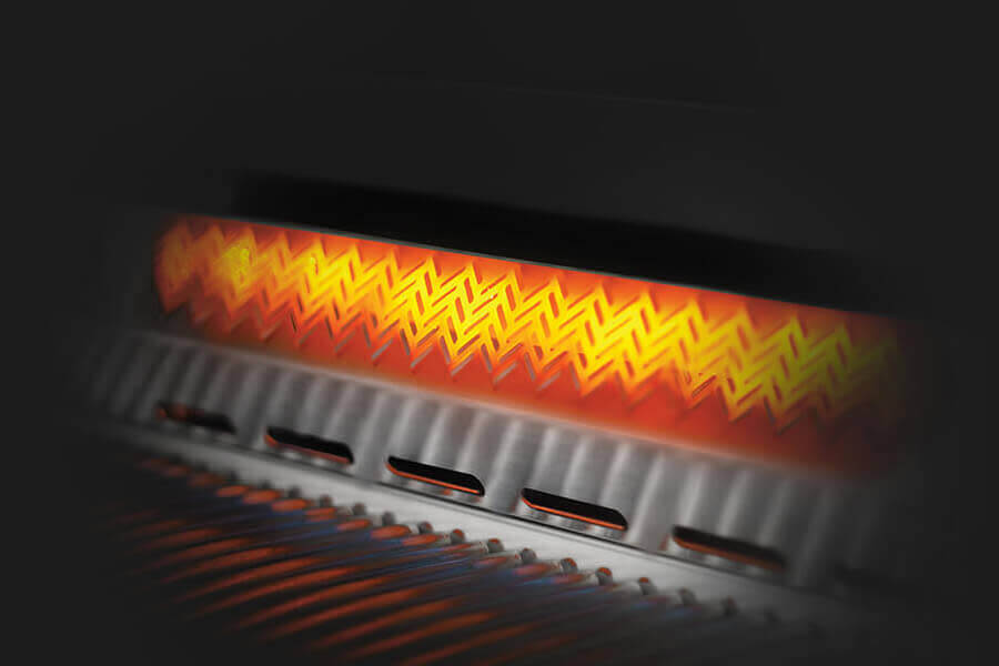 Rear infrared rotisserie burner glowing