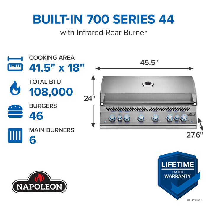 Built-In 700 Series 44 at a glance: 41.5 x 18 in cooking area, 108,000 BTU, 46 burgers, 6 main burners