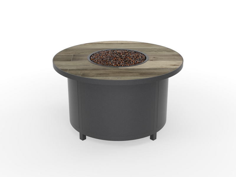 OW Lee fire pit in Carbon Black finish with Whiskey Barrel tile top