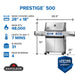Prestige 500 at a glance: 28 x 18 in main cooking area, 48,000 BTU main burners, heats to 400F in 7 minutes, fits 31 burgers