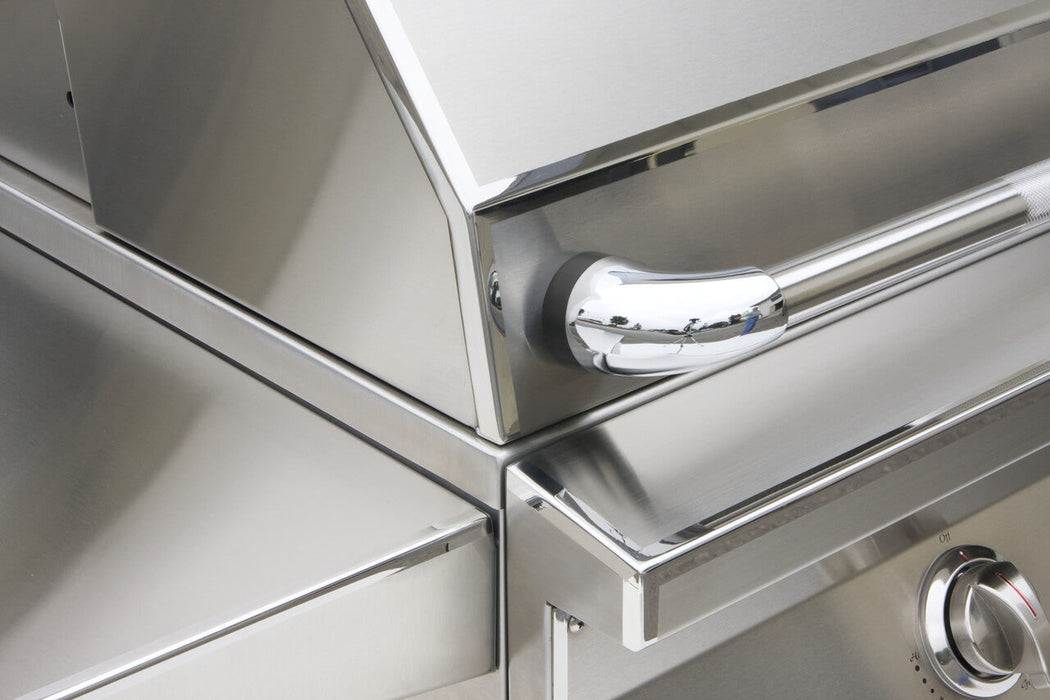 Mirror-polished bullnose and handle detail on a Solaire grill