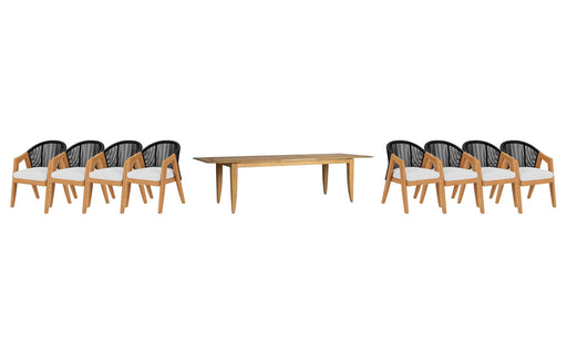 Lloyd Flanders Alpine dining set on a patio, with each included piece