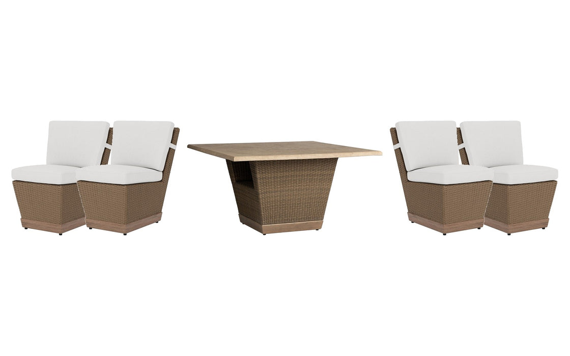 Lloyd Flanders Charisma dining set on a patio, with each included piece