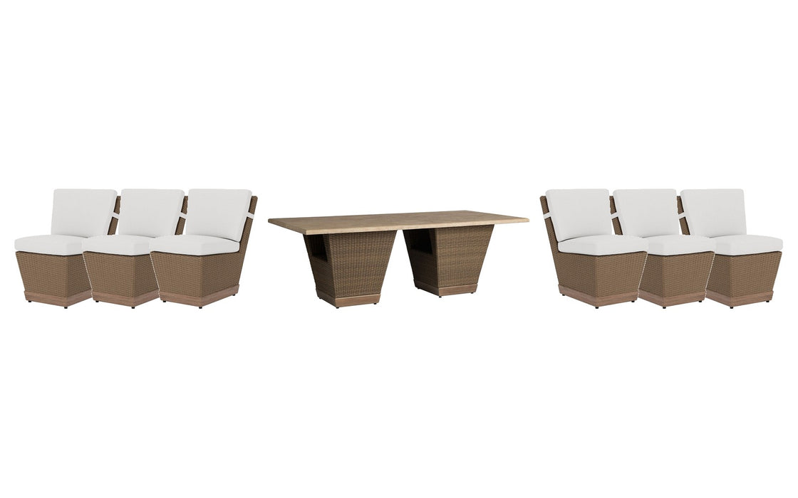 Lloyd Flanders Charisma dining set on a patio, with each included piece