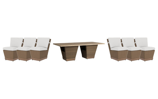 Lloyd Flanders Charisma dining set on a patio, with each included piece