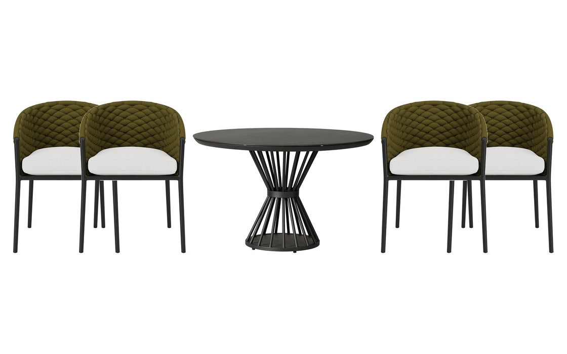 Lloyd Flanders Escape dining set on a patio, with each included piece