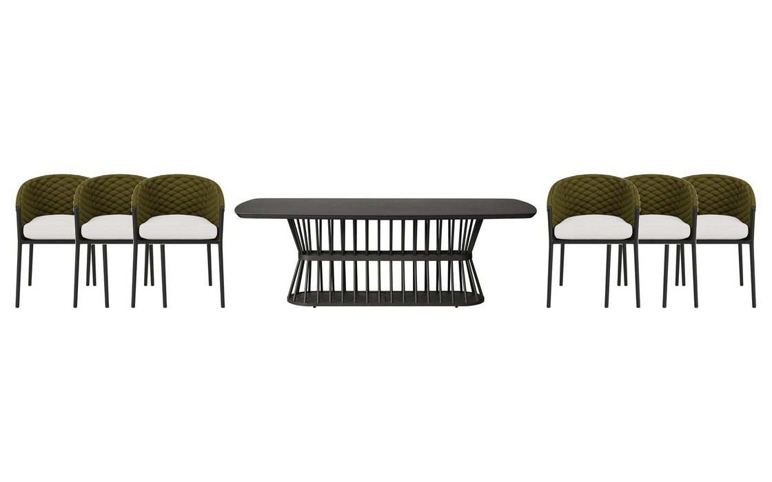 Lloyd Flanders Escape dining set on a patio, with each included piece