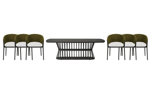 Lloyd Flanders Escape dining set on a patio, with each included piece