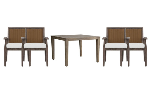 Lloyd Flanders Frontier dining set on a patio, with each included piece