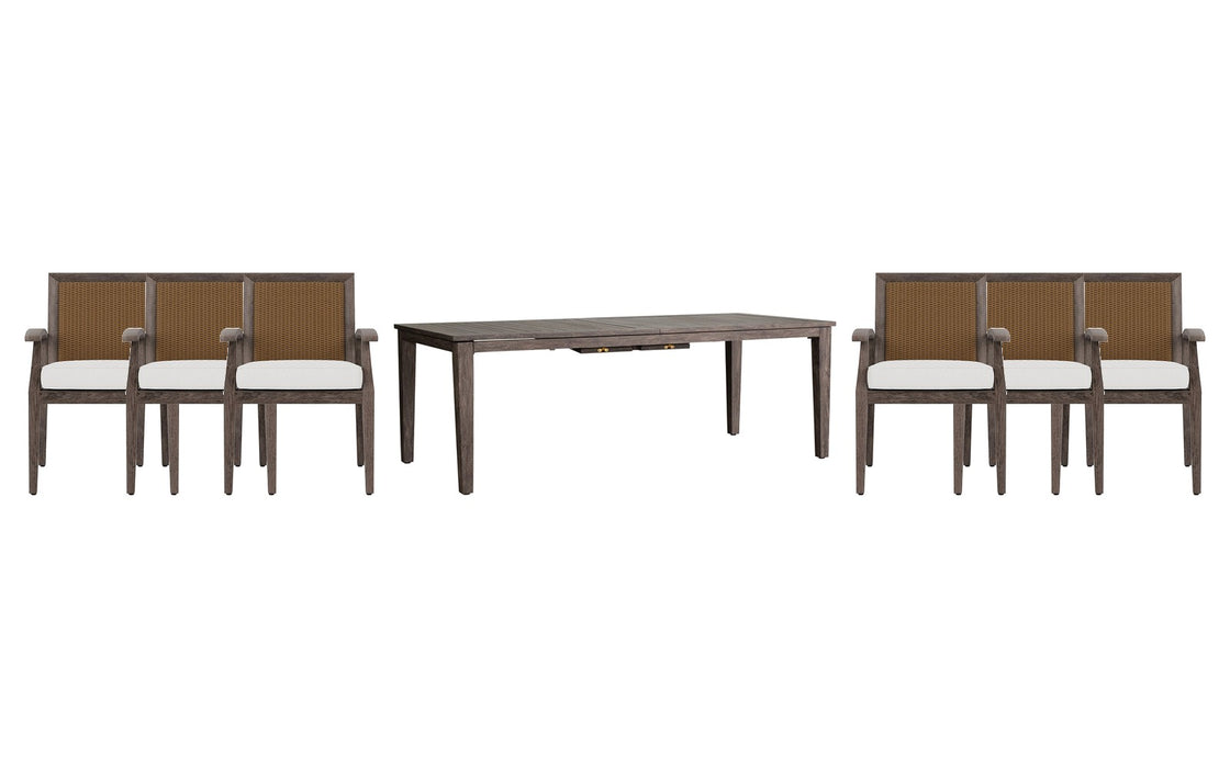 Lloyd Flanders Frontier dining set on a patio, with each included piece