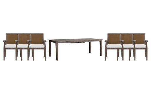 Lloyd Flanders Frontier dining set on a patio, with each included piece