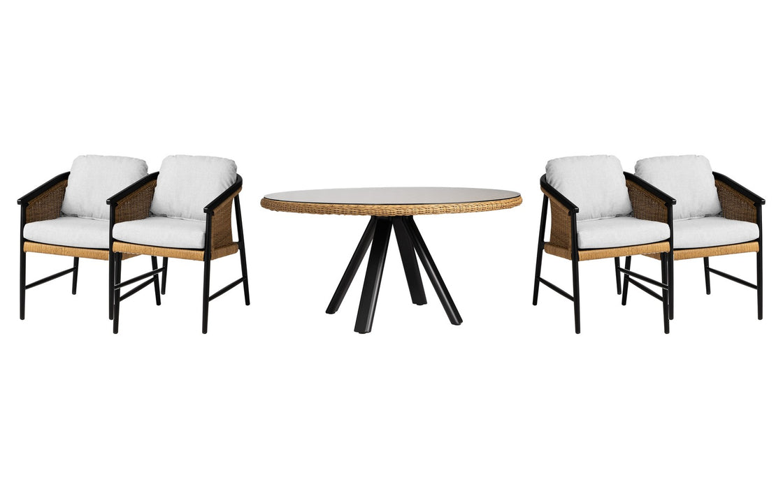 Lloyd Flanders Galloway dining set on a patio, with each included piece