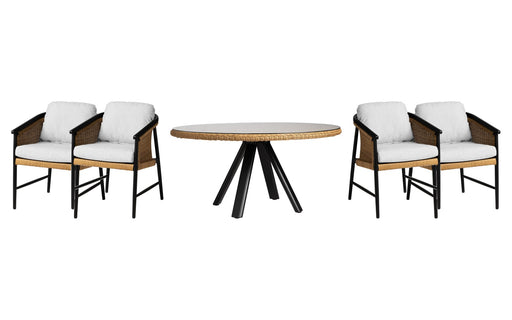 Lloyd Flanders Galloway dining set on a patio, with each included piece