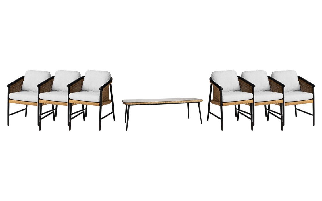 Lloyd Flanders Galloway dining set on a patio, with each included piece