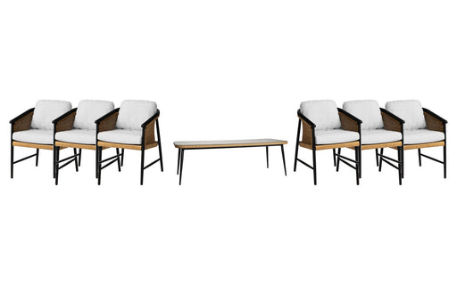 Lloyd Flanders Galloway dining set on a patio, with each included piece