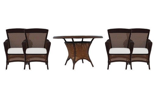 Lloyd Flanders Grand Traverse dining set on a patio, with each included piece