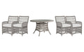 Lloyd Flanders Mackinac dining set on a patio, with each included piece