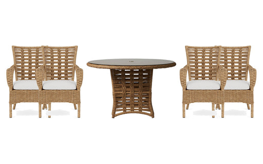 Lloyd Flanders Magnolia dining set on a patio, with each included piece