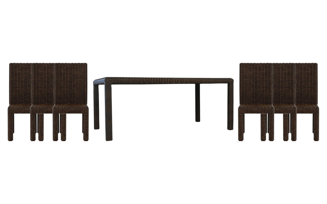 Lloyd Flanders Mesa dining set on a patio, with each included piece