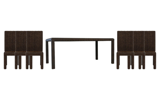 Lloyd Flanders Mesa dining set on a patio, with each included piece