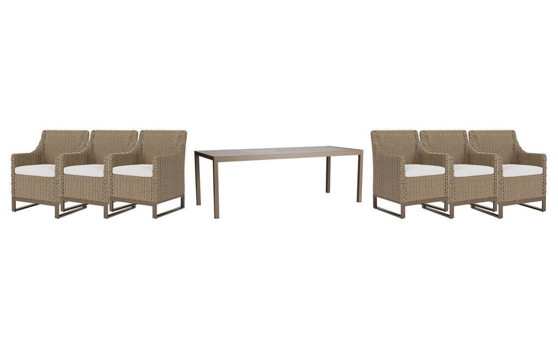 Lloyd Flanders Milan dining set on a patio, with each included piece