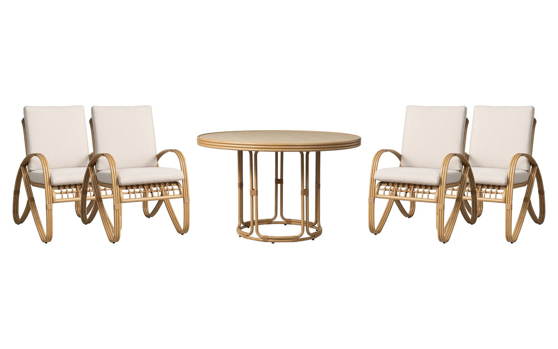 Lloyd Flanders Riviera dining set on a patio, with each included piece