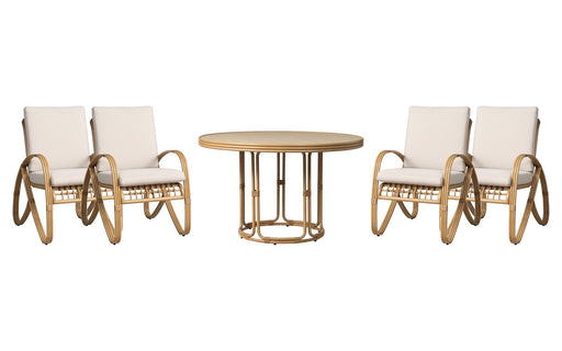 Lloyd Flanders Riviera dining set on a patio, with each included piece