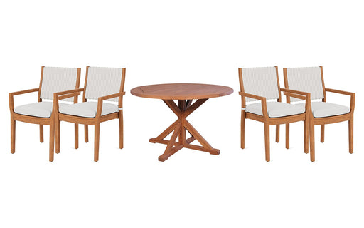 Lloyd Flanders Teak dining set on a patio, with each included piece