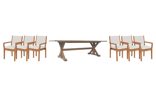 Lloyd Flanders Teak dining set on a patio, with each included piece