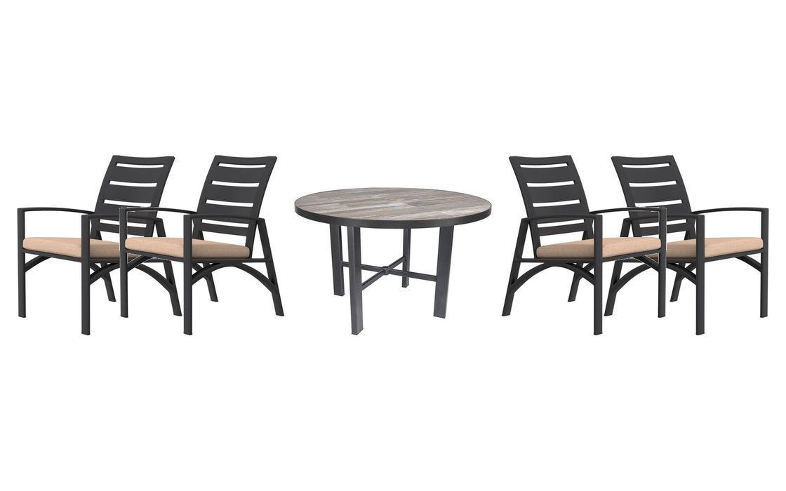 OW Lee Arc dining set on a patio, with each included piece