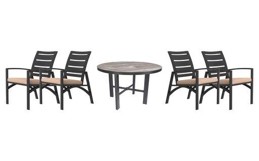 OW Lee Arc dining set on a patio, with each included piece