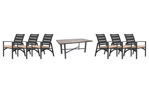 OW Lee Arc dining set on a patio, with each included piece
