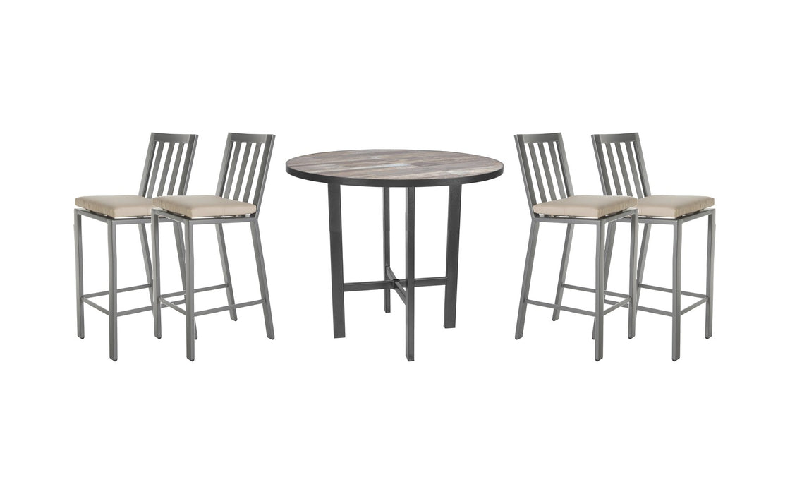 OW Lee Aris bar set on a patio, with each included piece