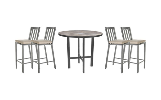 OW Lee Aris bar set on a patio, with each included piece