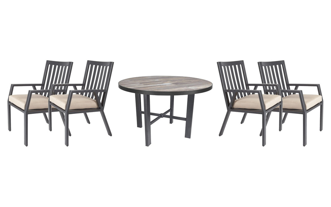 OW Lee Aris dining set on a patio, with each included piece