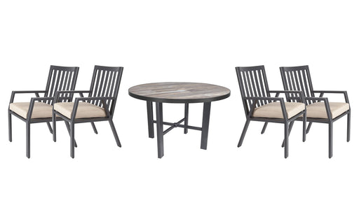 OW Lee Aris dining set on a patio, with each included piece