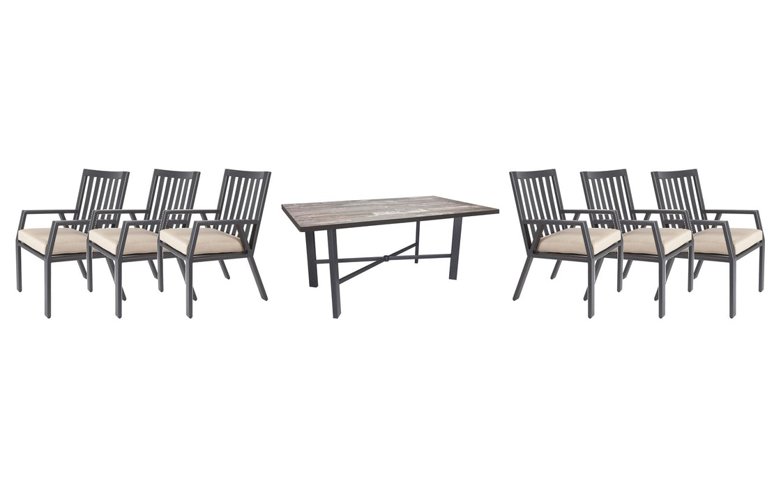 OW Lee Aris dining set on a patio, with each included piece
