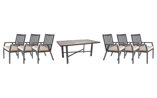 OW Lee Aris dining set on a patio, with each included piece