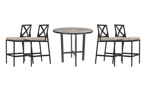 OW Lee Marin bar set on a patio, with each included piece